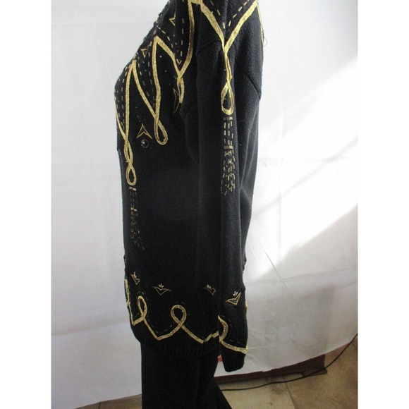 VNTG Victoria Harbour S Knit Sweater Beaded Rhinestones Ribbon Women Black Gold - Picture 5 of 11